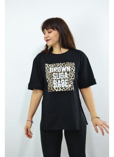 Brown Leopar Baskılı Duble Kol Yırtmaçlı Oversize Kadın T-Shirt Siyah