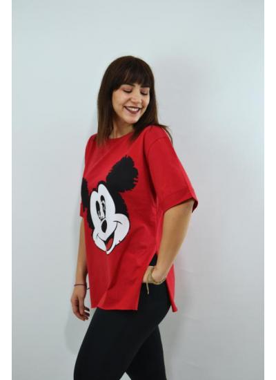 Mickey Mouse Baskılı Duble Kol Yırtmaçlı Oversize Kadın T-Shirt Kırmızı