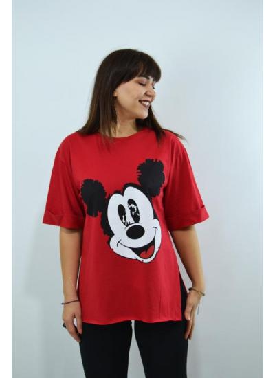 Mickey Mouse Baskılı Duble Kol Yırtmaçlı Oversize Kadın T-Shirt Kırmızı