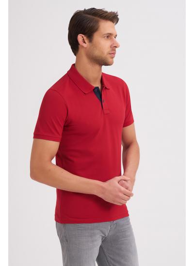 Çizgi Triko Erkek Slim Fit Polo Yaka Tişört Desenli Kolu Lastikli Kumaş %100 Pamuk - Kırmızı