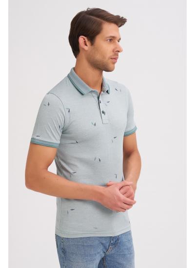 Çizgi Triko Erkek Slim Fit Polo Yaka Tişört Desenli Kolu Lastikli - Yeşil