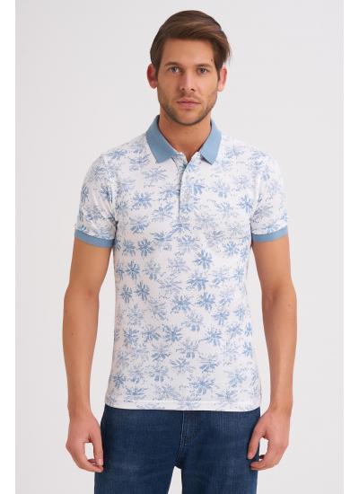 Çizgi Triko Erkek Tişört Slim Fit Polo Yaka Kolu Lastikli Desenli %100 Pamuk Kumaş - Beyaz