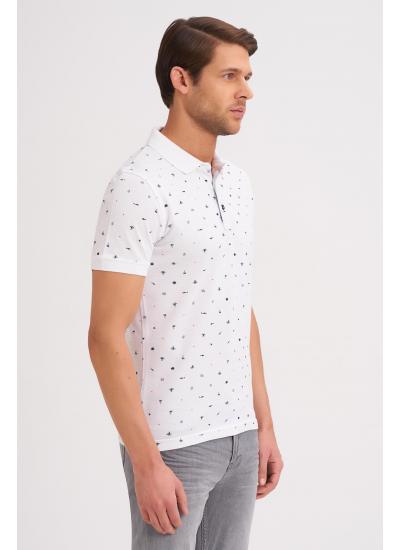 Çizgi Triko Erkek Tişört Slim Fit Polo Yaka Kolu Lastikli Desenli %100 Pamuk Kumaş - Beyaz