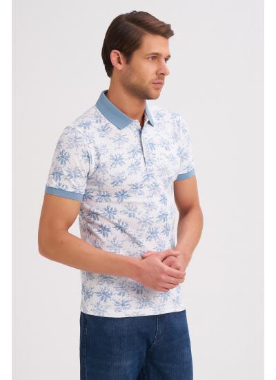 Çizgi Triko Erkek Tişört Slim Fit Polo Yaka Kolu Lastikli Desenli %100 Pamuk Kumaş - Beyaz