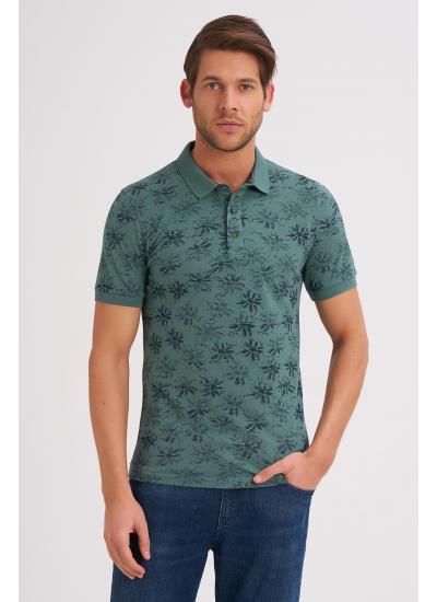 Çizgi Triko Erkek Tişört Slim Fit Polo Yaka Kolu Lastikli Desenli %100 Pamuk Kumaş - Yeşil