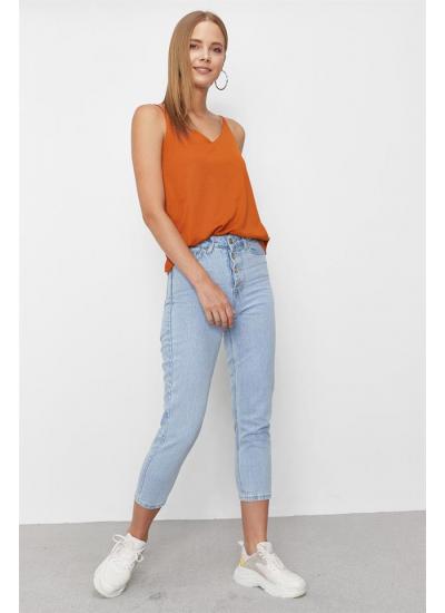 Kadın Mavi Önden Düğmeli Yüksek Bel Mom Jeans