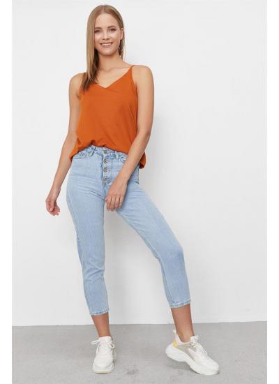 Kadın Mavi Önden Düğmeli Yüksek Bel Mom Jeans