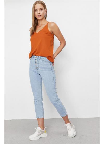 Kadın Mavi Önden Düğmeli Yüksek Bel Mom Jeans