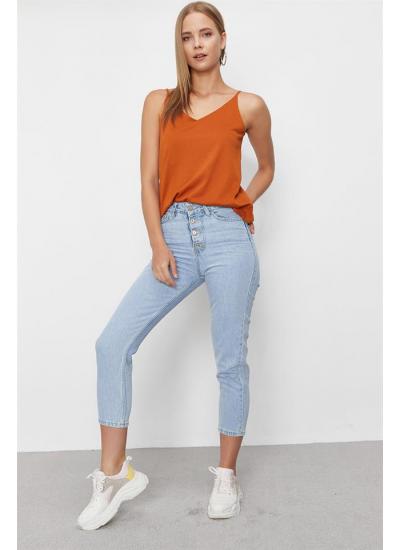 Kadın Mavi Önden Düğmeli Yüksek Bel Mom Jeans