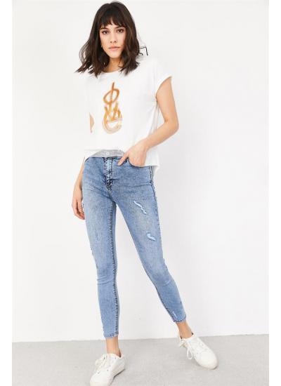 Kadın Mavi Yırtık Detaylı Skinny Jeans