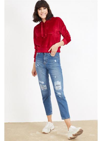 Kadın Mavi Yırtık Efektli Mom Jeans