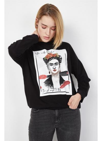 Kadın Siyah Baskılı Sweatshirt