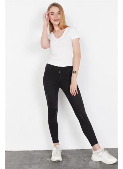 Kadın Siyah Eskitme Efektli Skinny Jeans